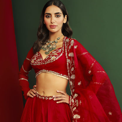 Womens Rena Red Organza Lehenga Set