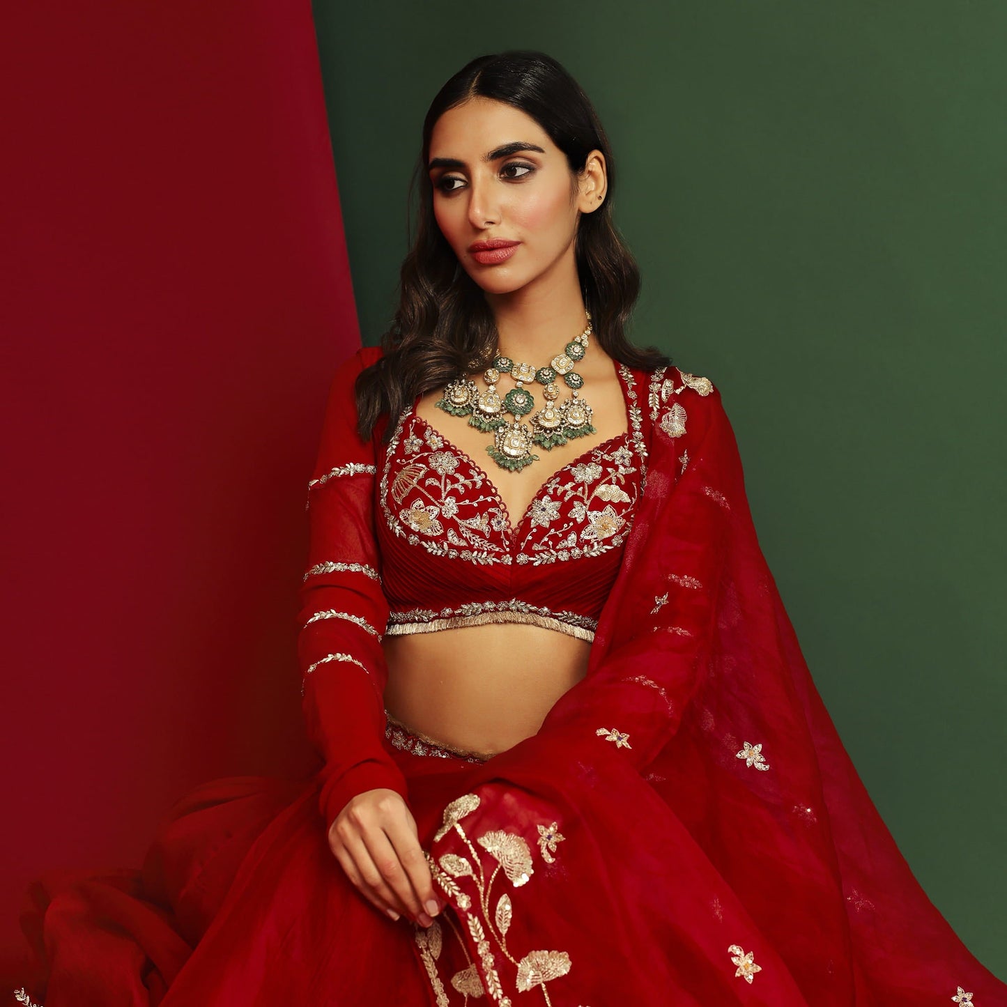 Womens Rena Red Organza Lehenga Set