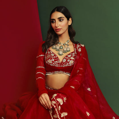 Womens Rena Red Organza Lehenga Set