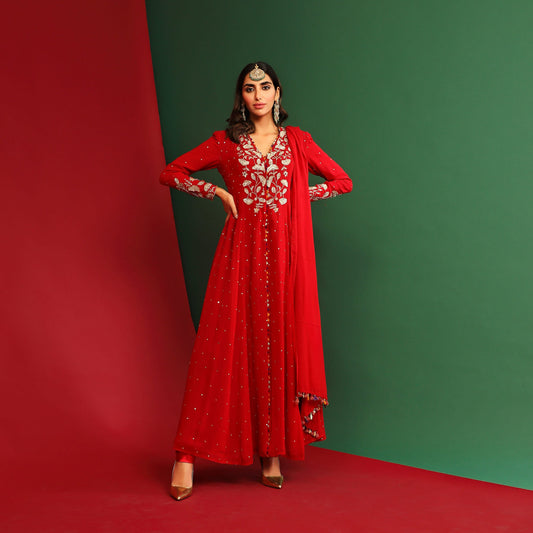 Women Wearing Red Anarkali Set