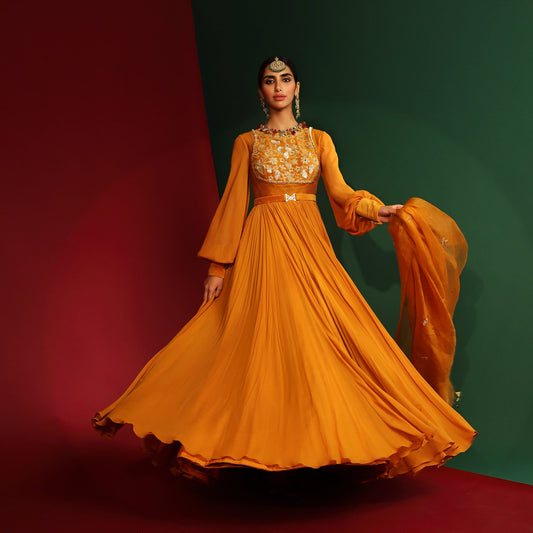 Women Wearing Yellow Anarkali Set