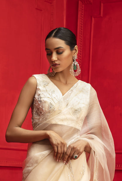 Womens Noor White Organza Saree And Blouse