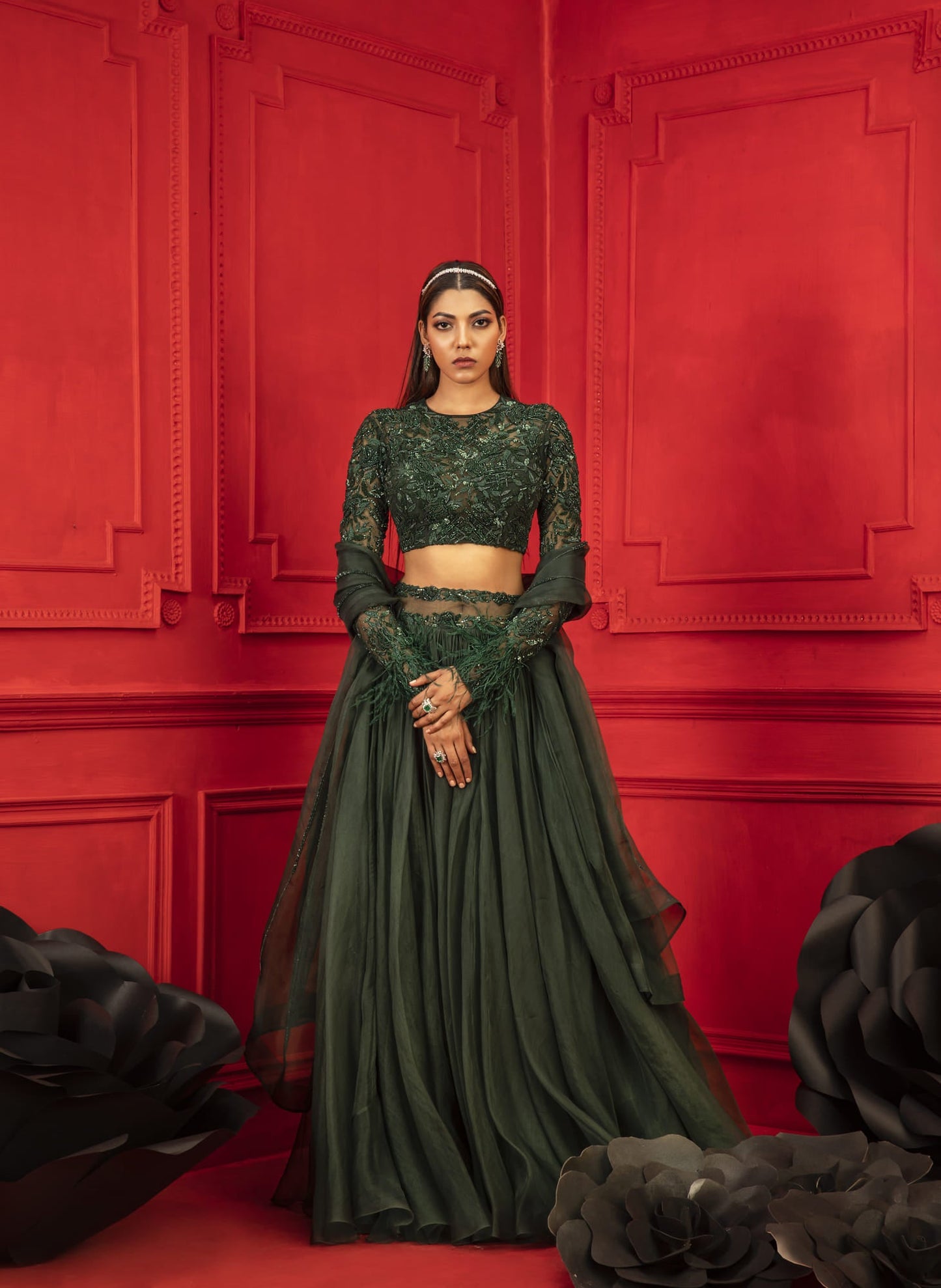 Women Wearing Green Lehenga Set