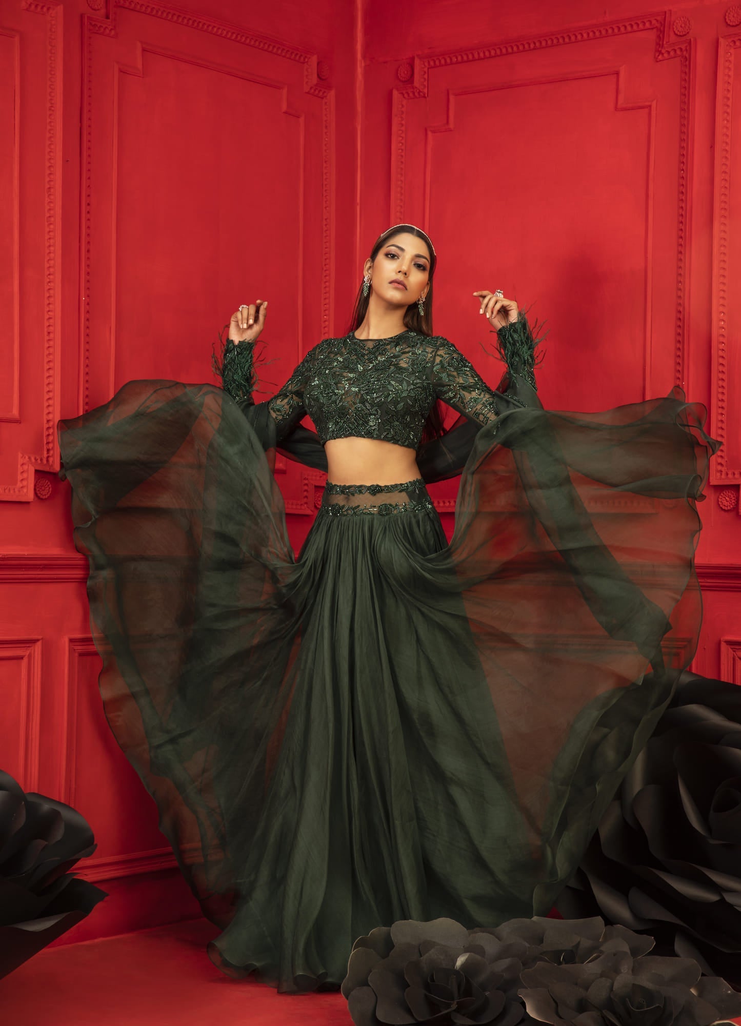 Womens Khwab Green Organza Lehenga Set