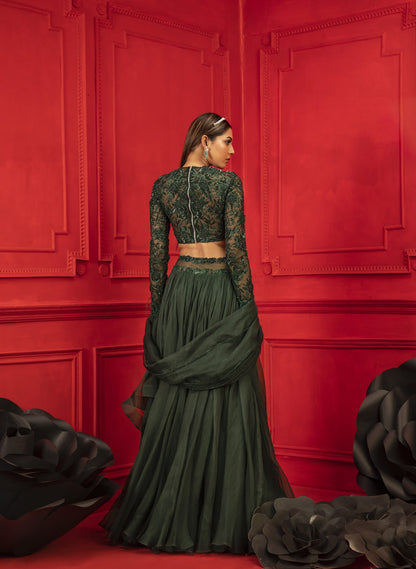 Womens Khwab Green Organza Lehenga Set