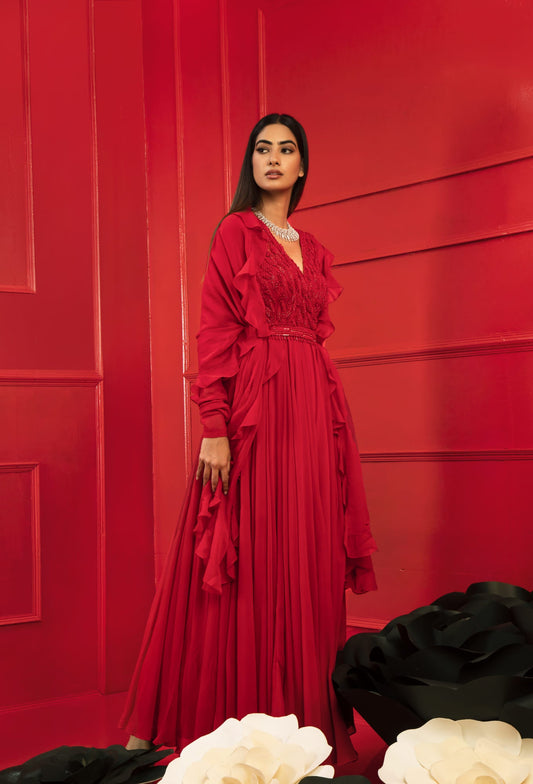 Women Wearing Red Anarkali And Dupatta With Belt