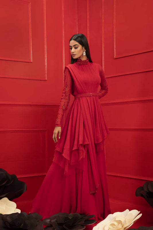 Women Wearing Red Kurta Suit WIth Belt