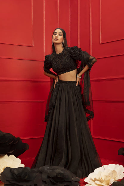 Womens Sitara Black Organza Lehenga Set