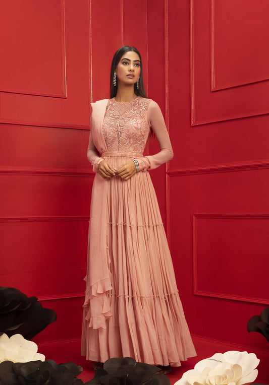 Women Wearing Pink Anarkali With Dupatta And Belt