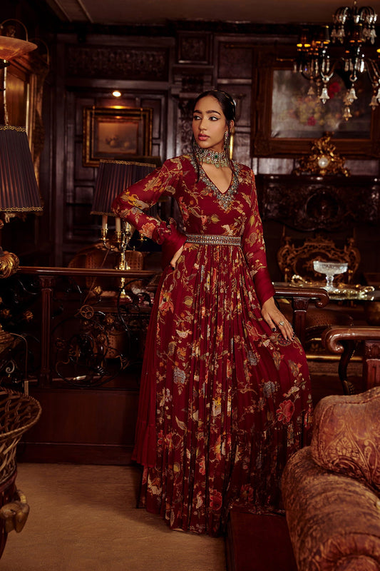 Women Wearing Maroon Anarkali Set.