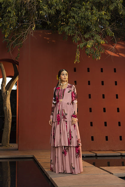 Women Wearing Pink Sharara Set With Bustier.