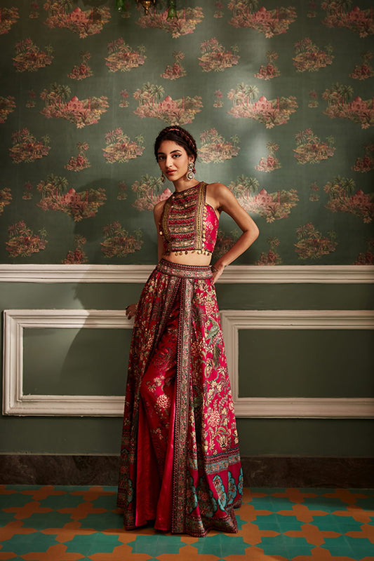 Women Wearing Pink Lehenga Set.