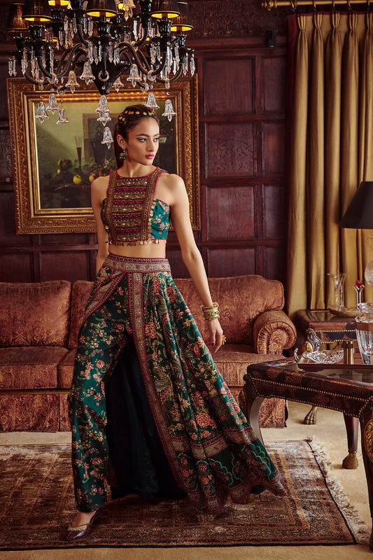 Women Wearing Green Lehenga Set.