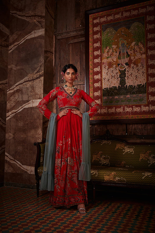 Women Wearing Red Anarkali Set.