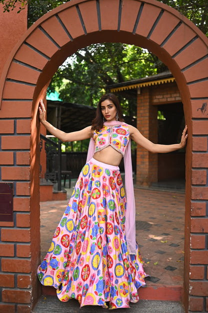 Womens ARD Pink Silk Printed Lehenga Set