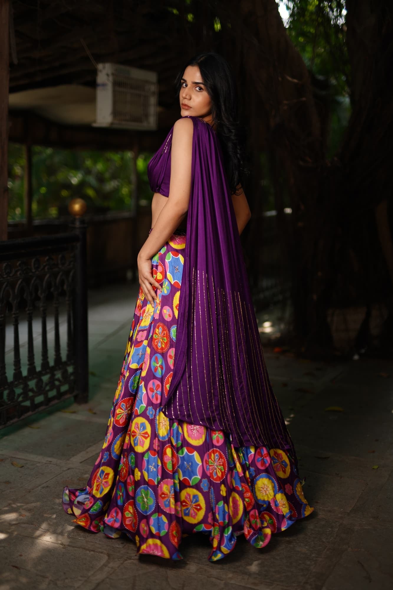 Womens ARD Purple Oneshoulder Silk Printed Lehenga Set