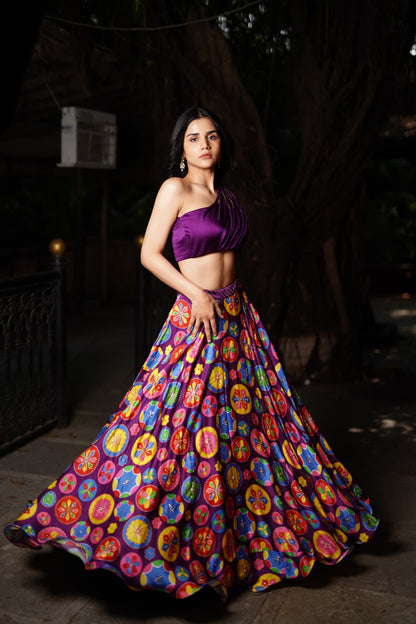 Womens ARD Purple Oneshoulder Silk Printed Lehenga Set