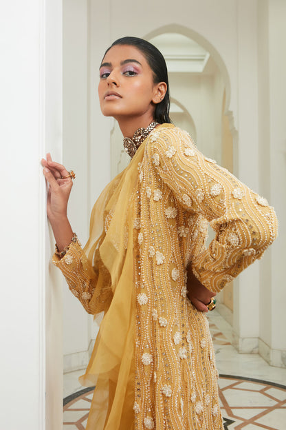 WOMENS SUNRISE YELLOW LAKHNAWI EMBROIDERED JACKET WITH SHARARASET