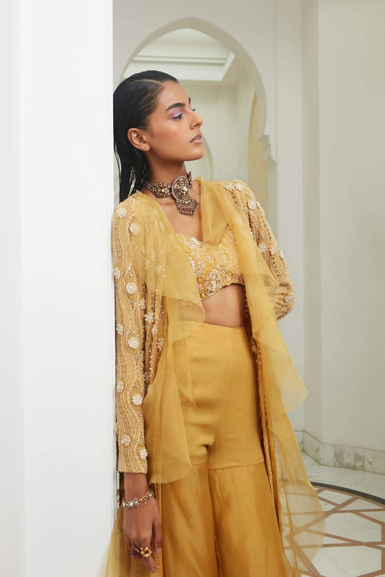 WOMENS SUNRISE YELLOW LAKHNAWI EMBROIDERED JACKET WITH SHARARASET