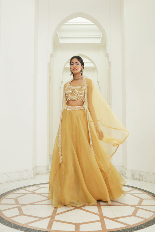 WOMENS SUNRISE YELLOW PEARL EMBROIDERED LEHENGA SET