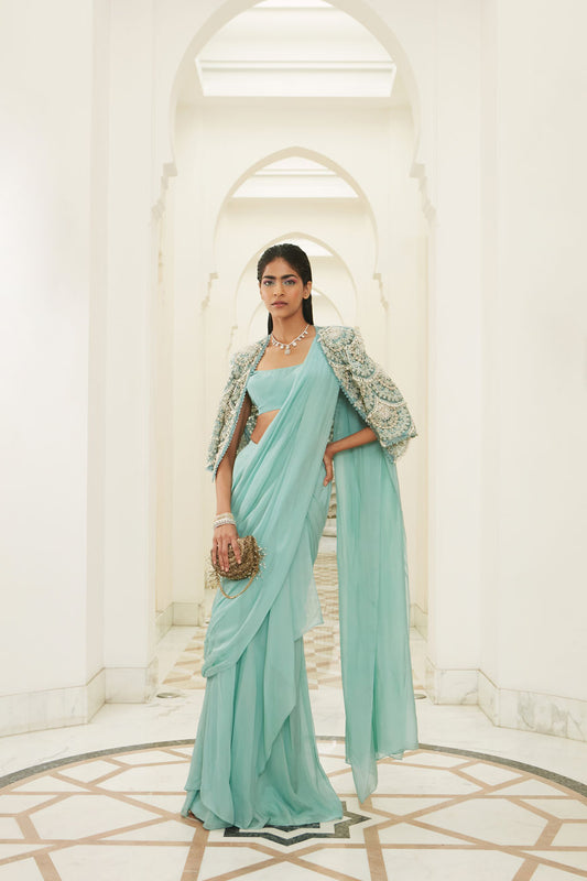 WOMENS CRUISE TEAL PEARL DROP EMBROIDERED SAREE