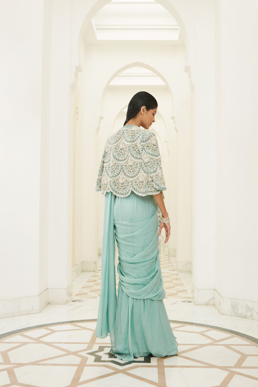 WOMENS CRUISE TEAL PEARL DROP EMBROIDERED SAREE