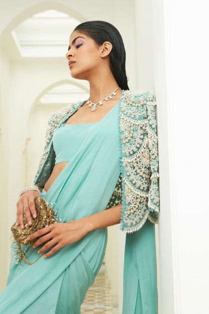 WOMENS CRUISE TEAL PEARL DROP EMBROIDERED SAREE