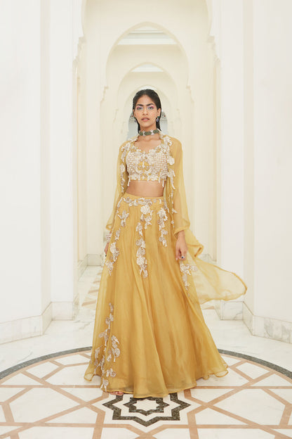 WOMENS SUNRISE YELLOW EMBROIDERED LEHENGA SET