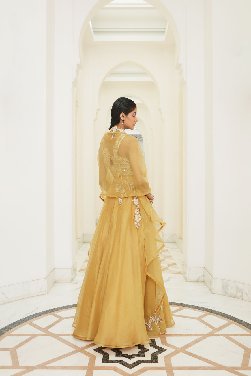 WOMENS SUNRISE YELLOW EMBROIDERED LEHENGA SET