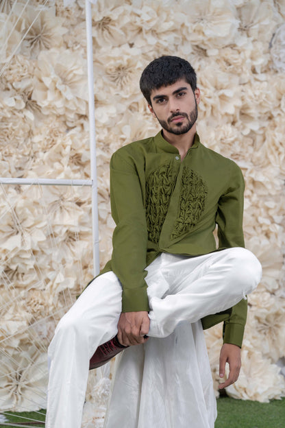 MENS OLIVE SMOCKING SHORT KURTA/TUXEDO SHIRT