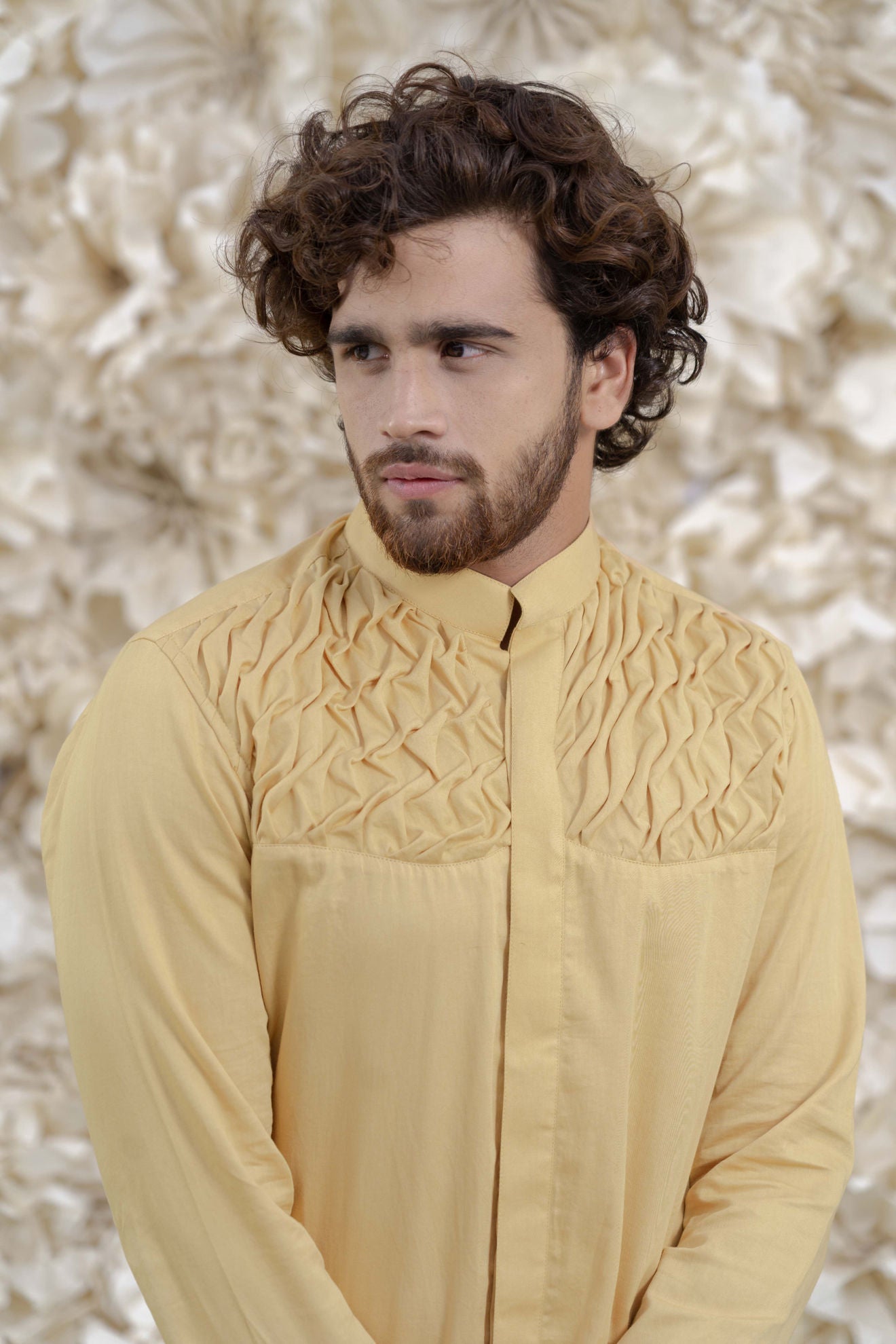 MENS CREAM SMOCKING SHORT KURTA/TUXEDO SHIRT