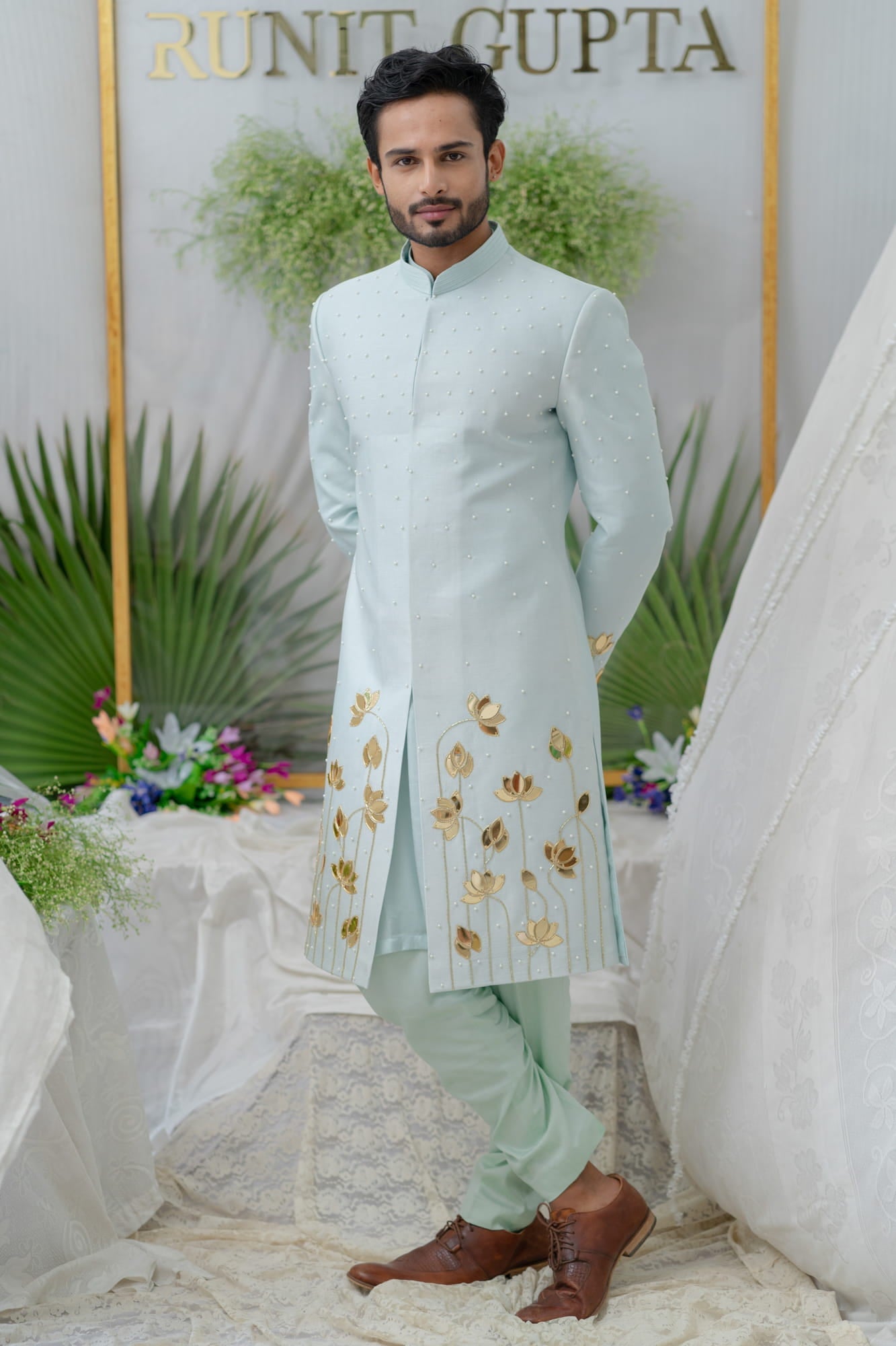 Mens Aayan Blue Chanderi Kurta Set