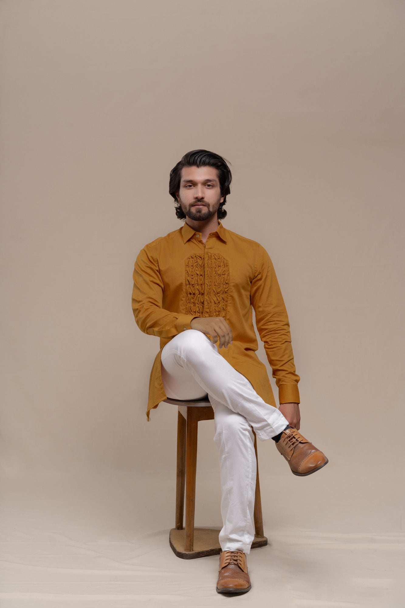 MENS OCHRE SMOCKING SHORT KURTA/TUXEDO SHIRT