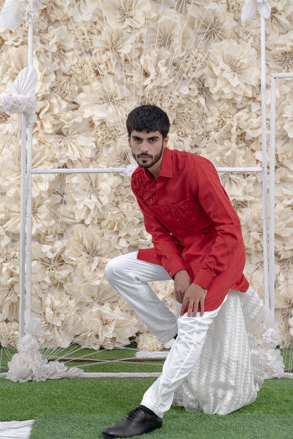 MENS RED SMOCKING SHORT KURTA/TUXEDO SHIRT