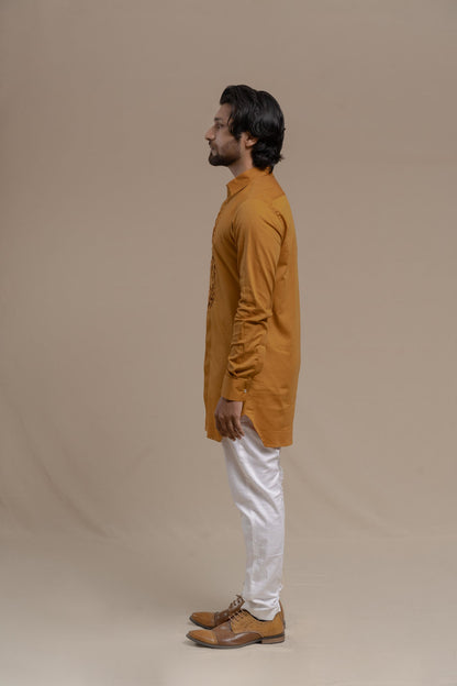 MENS OCHRE SMOCKING SHORT KURTA/TUXEDO SHIRT