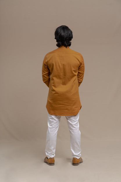 MENS OCHRE SMOCKING SHORT KURTA/TUXEDO SHIRT