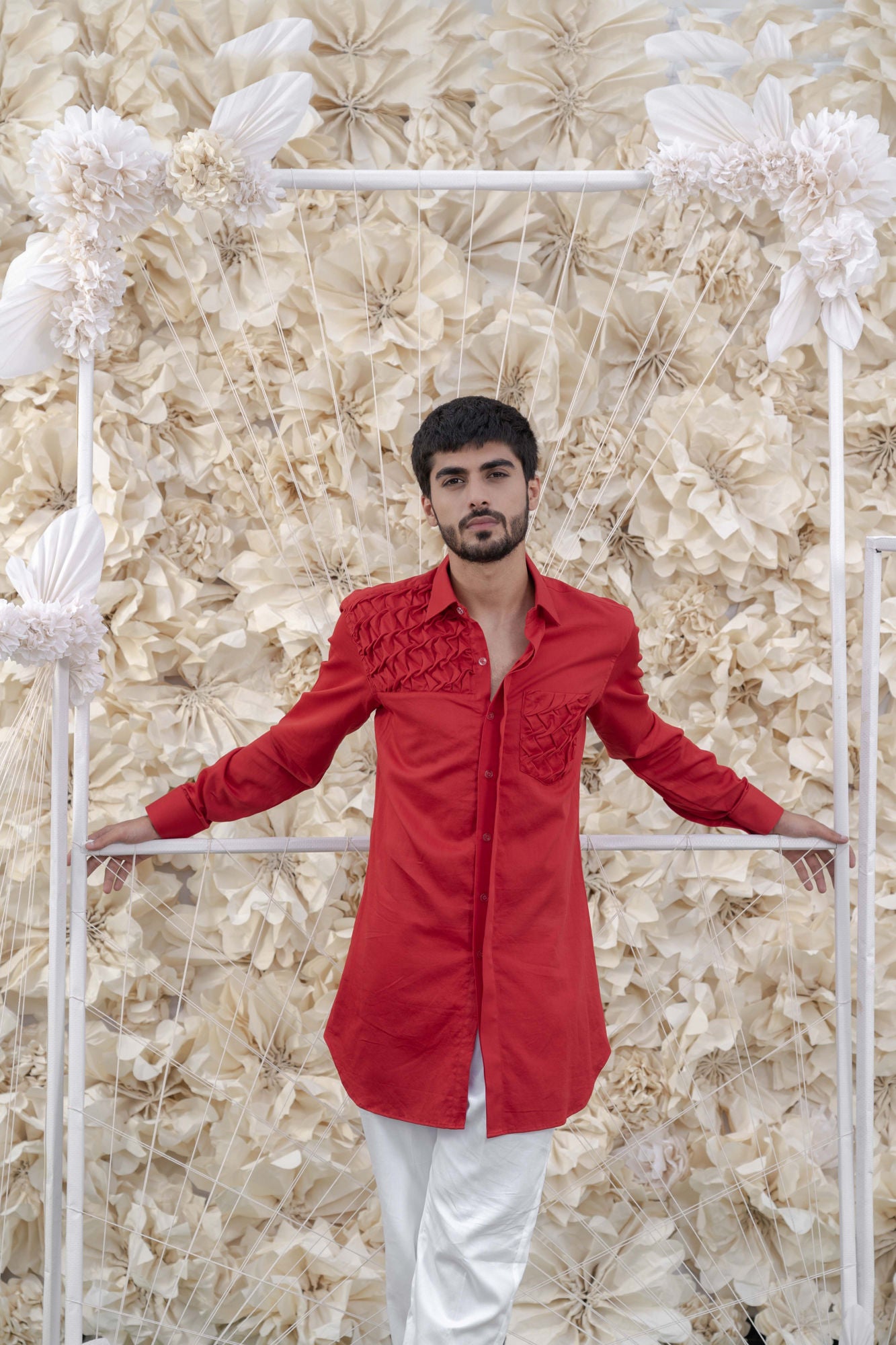 MENS RED SMOCKING SHORT KURTA/TUXEDO SHIRT