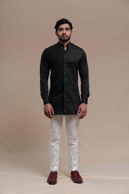 MENS BLACK SMOCKING SHORT KURTA/TUXEDO SHIRT