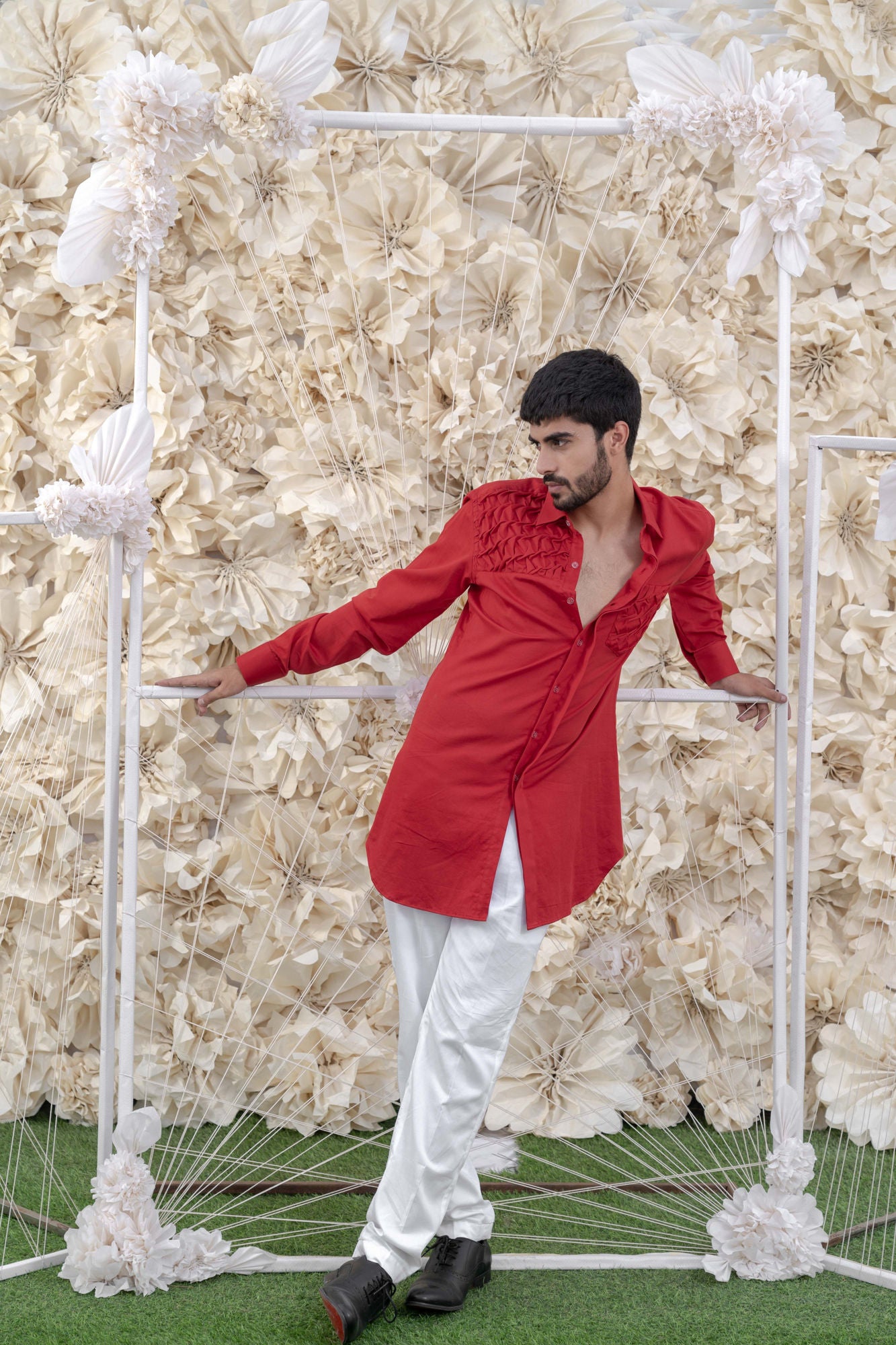 MENS RED SMOCKING SHORT KURTA/TUXEDO SHIRT