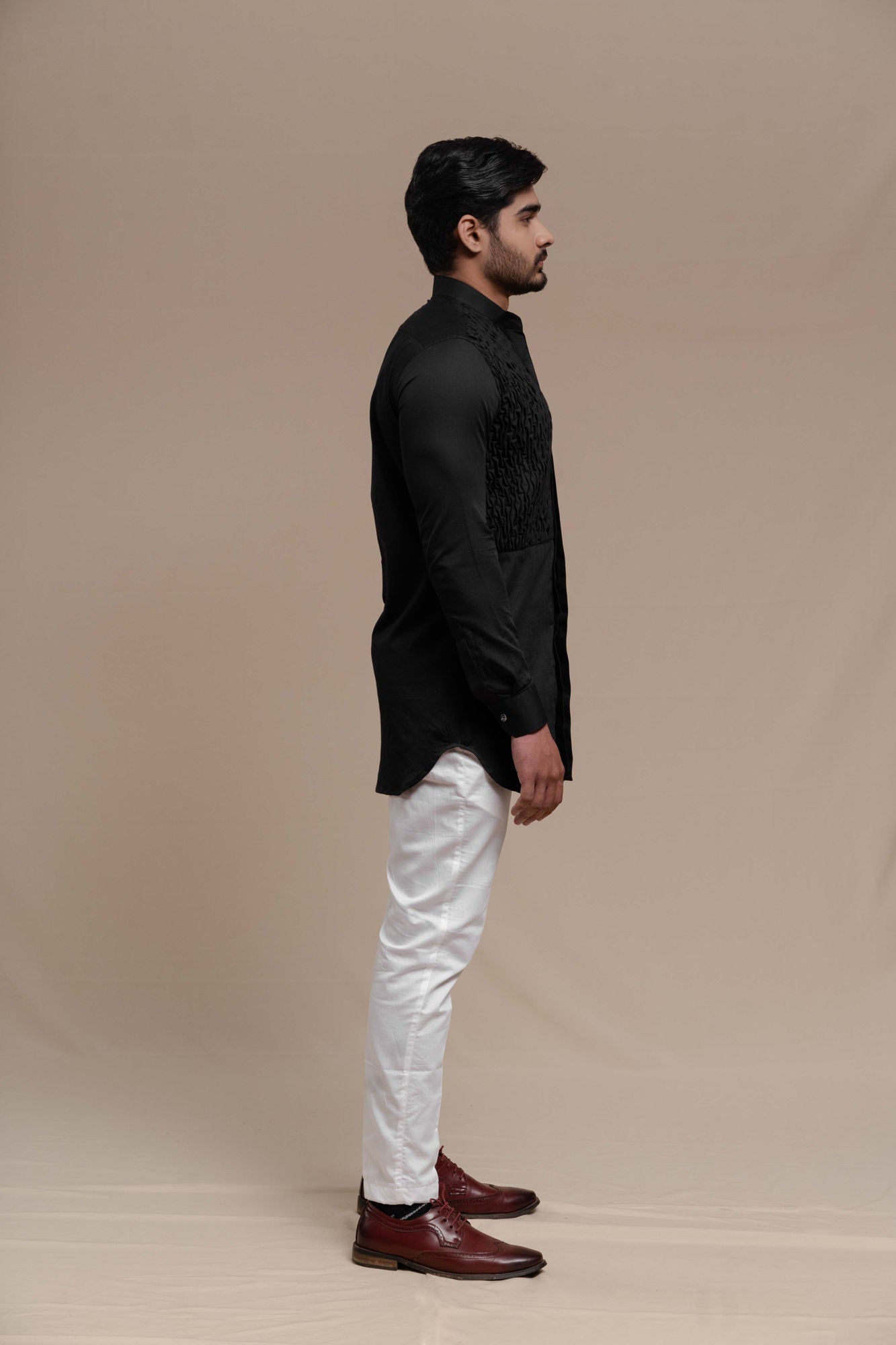 MENS BLACK SMOCKING SHORT KURTA/TUXEDO SHIRT