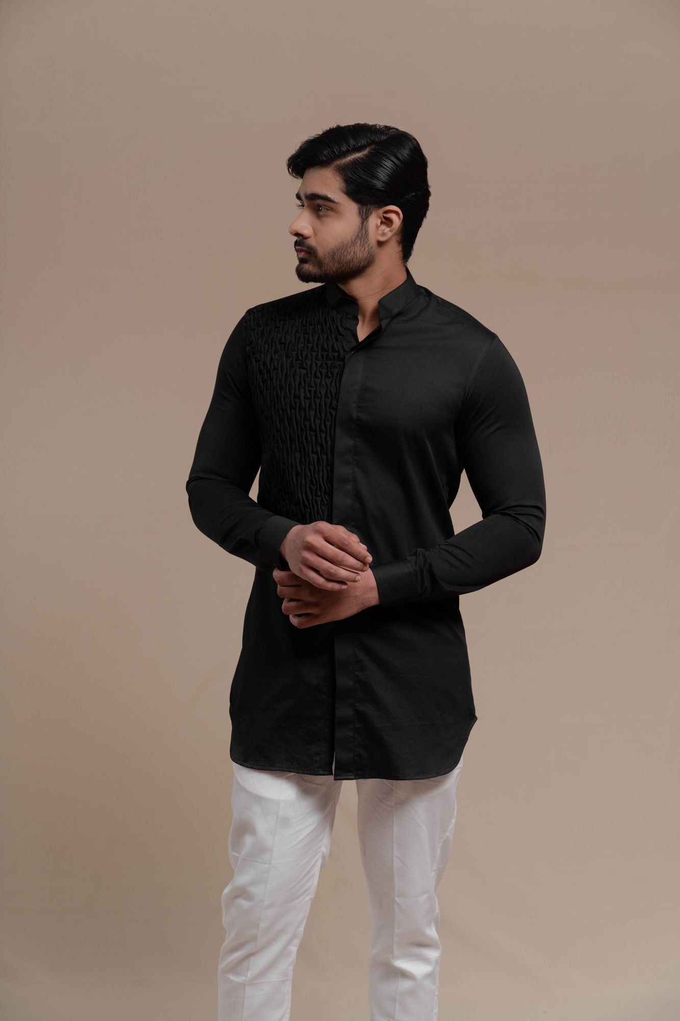 MENS BLACK SMOCKING SHORT KURTA/TUXEDO SHIRT