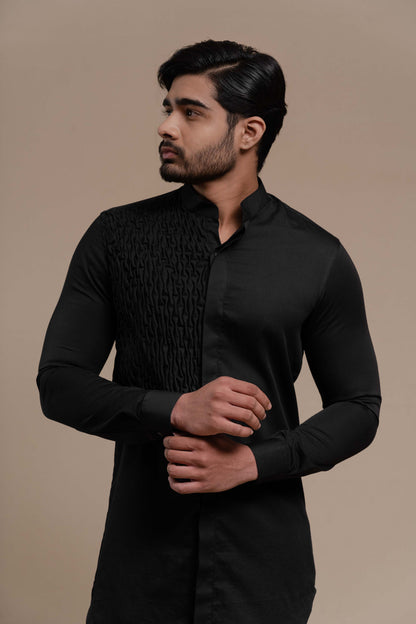 MENS BLACK SMOCKING SHORT KURTA/TUXEDO SHIRT