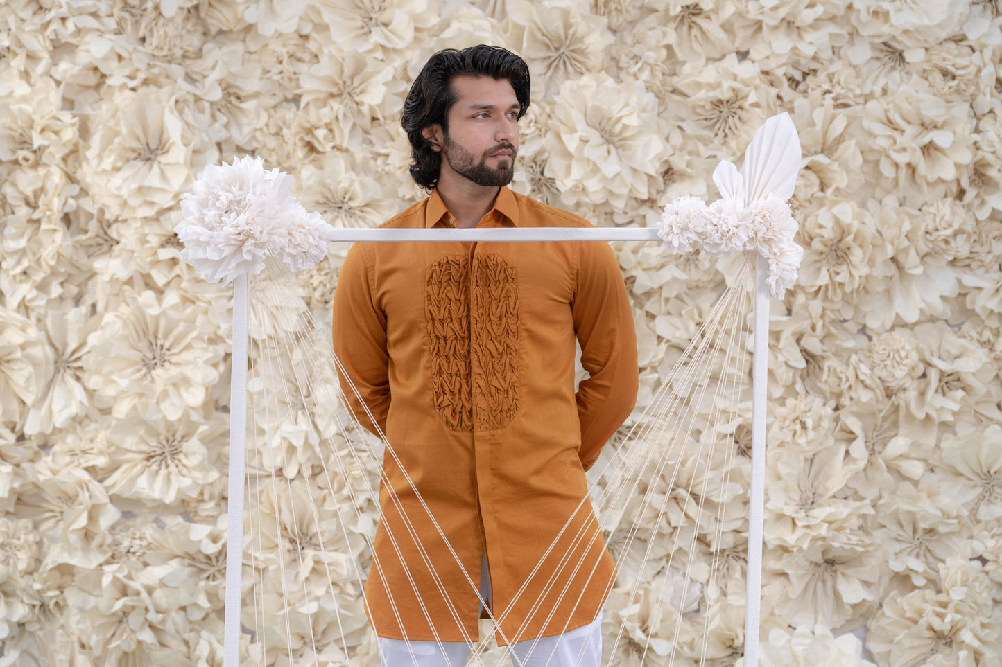 MENS OCHRE SMOCKING SHORT KURTA/TUXEDO SHIRT