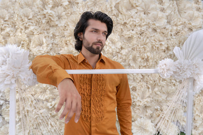 MENS OCHRE SMOCKING SHORT KURTA/TUXEDO SHIRT