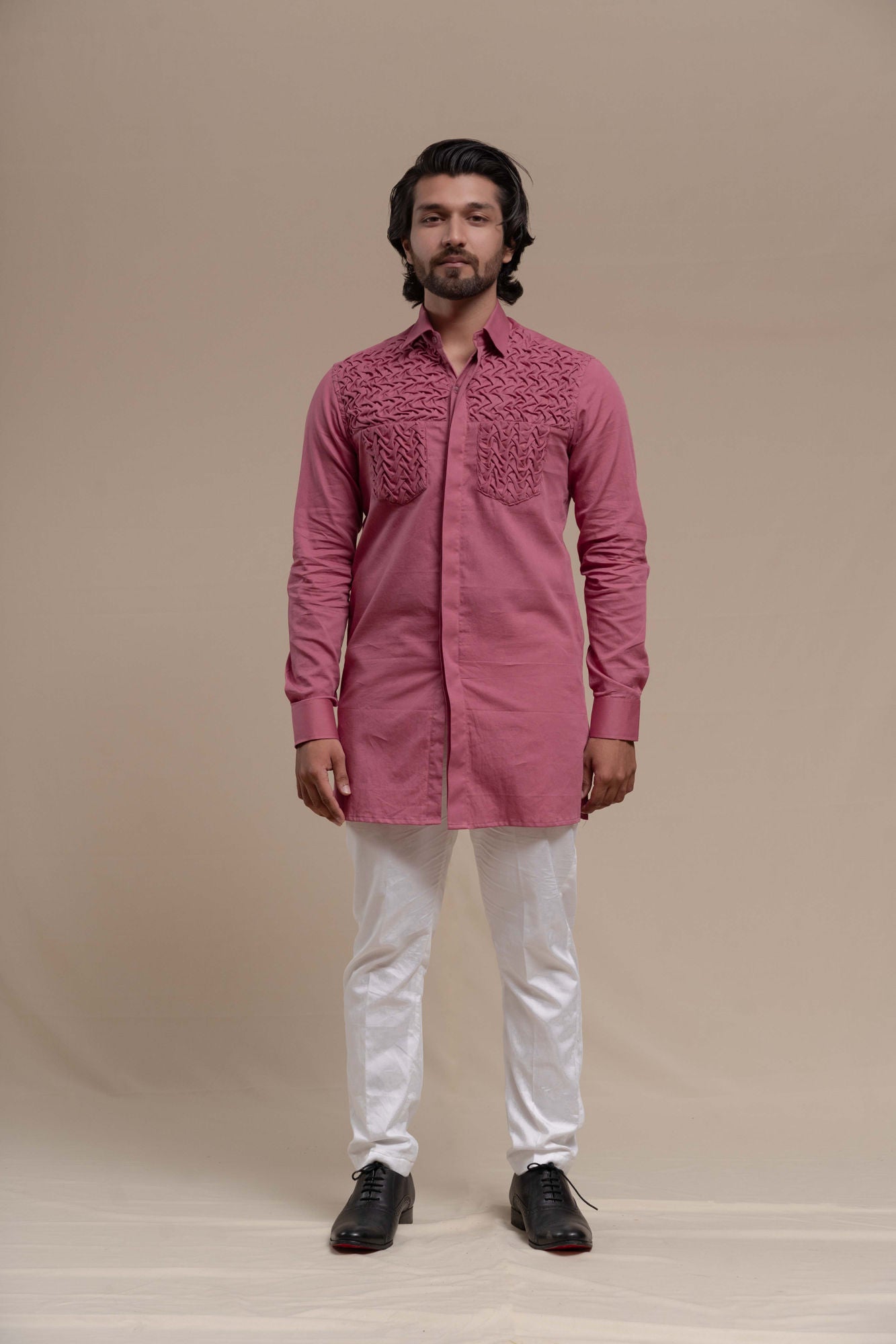 MENS ONION PINK SMOCKING SHORT KURTA/TUXEDO SHIRT