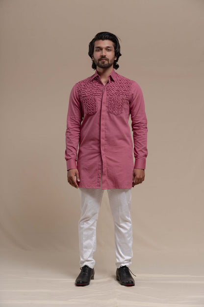 MENS ONION PINK SMOCKING SHORT KURTA/TUXEDO SHIRT SET