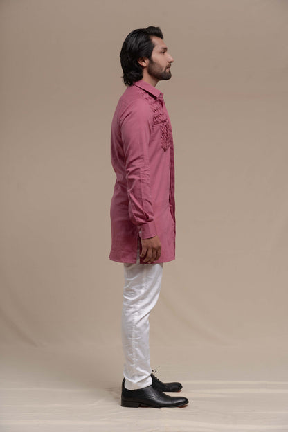 MENS ONION PINK SMOCKING SHORT KURTA/TUXEDO SHIRT