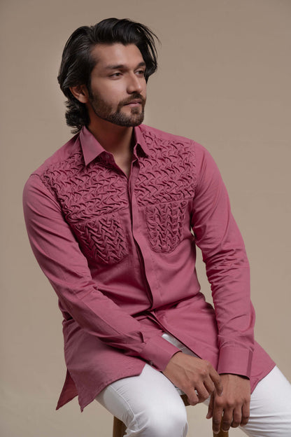 MENS ONION PINK SMOCKING SHORT KURTA/TUXEDO SHIRT