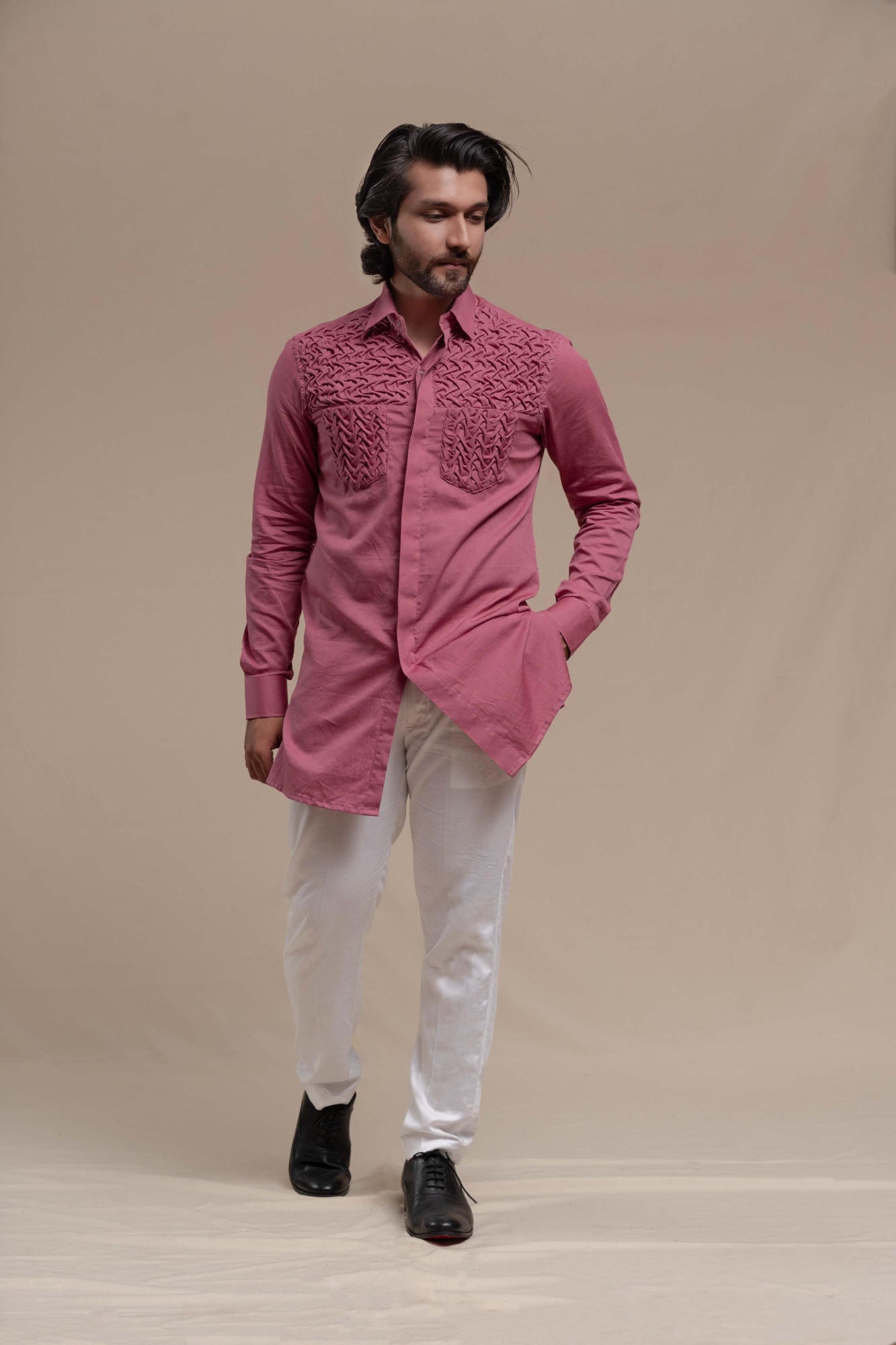 MENS ONION PINK SMOCKING SHORT KURTA/TUXEDO SHIRT