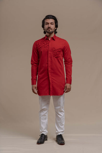 MENS RED SMOCKING SHORT KURTA/TUXEDO SHIRT